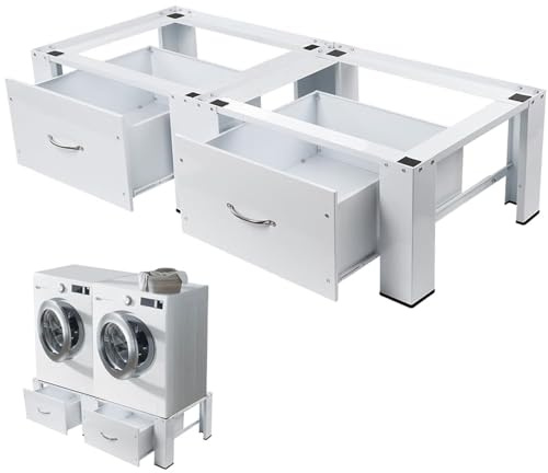 Doppel Untergestell für Waschmaschinen Trockner, 2-Fach Untergestell mit Schublade, Stabil Doppel Waschmaschinen Sockel Podest, Unterschrank Unterbau Erhöhung für Kühlschrank, 300kg, 126X54X32 cm