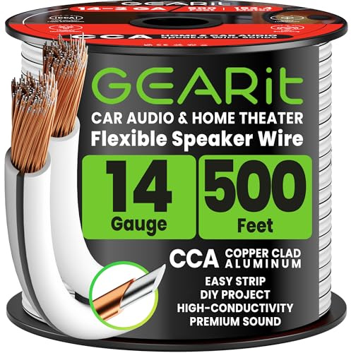 GEARit 2x2.5mm² Speaker Cable 152.4m/500ft, 14AWG Twin Core Speaker Wire with Polarity Markings, Flexible CCA Copper Clad Aluminum Audio Cable for In-Wall Home Home Cinema, HiFi & Car Stereo - White