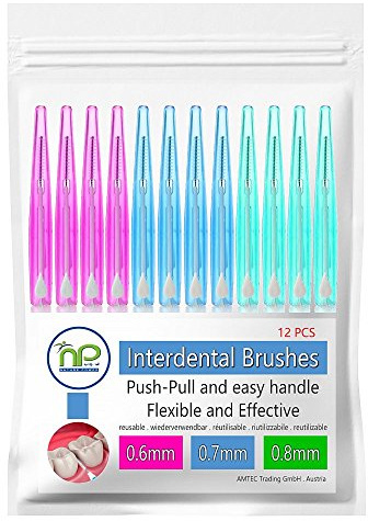 MoriVeda Spazzole interdentali - Set di 12 (0,6/0,7/0,8 mm) Spazzole interdentali per un'igiene orale pulita I Funzione Push-Pull sviluppato in collaborazione con i laboratori dentali, mix