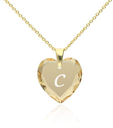 Damen Ketten mit Gravur 925 Silber vergoldet, SWAROVSKI ELEMENTS Herz Anhänger Farbe Golden Shadow Buchstabengravur C, Herzkette als Geschenk für die Frau, Freundin oder zum Valentinstag