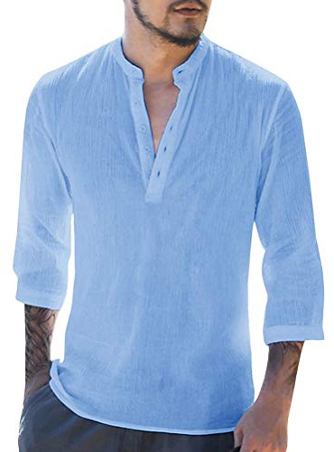 Onsoyours Homme Automne Mode Simple Couleur Pure Chemise Décontractée Rayé Col Rond À Manches Longues Boutonné Chemise Coton Et Lin Tunique Tops Blouse A Bleu XXX-Large