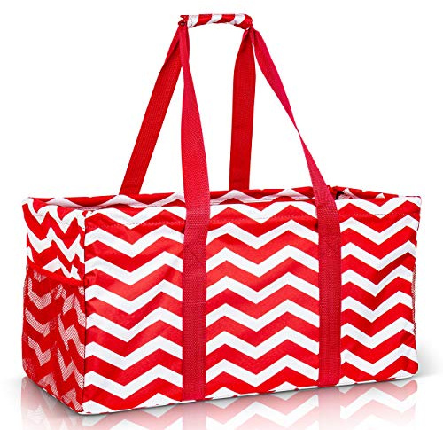 Lucazzi Extra Large Utility Tote Bag - Oversized Collapsible Reusable Wire Frame Rectangular Canvas Basket With Two Exterior Pockets For Beach, Pool, Laundry, Car Trunk, Storage - Chevron Red