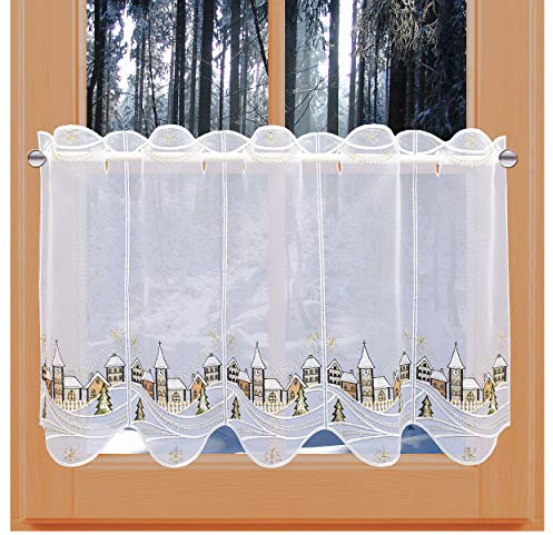 kollektion MT Winter-Scheibengardine Winterzauber verschneites Dorf mit Kirche aus echter Vogtländischer Spitze Adventsdeko in weiß-braun 41 x 96 cm