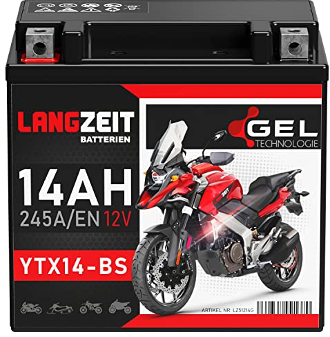 LANGZEIT YTX14-BS Motorradbatterie 12V 14Ah 245A/EN Gel Batterie 12V doppelte Lebensdauer entspricht 51214 YTX14-4 CTX14-BS GTX14-BS vorgeladen auslaufsicher wartungsfrei