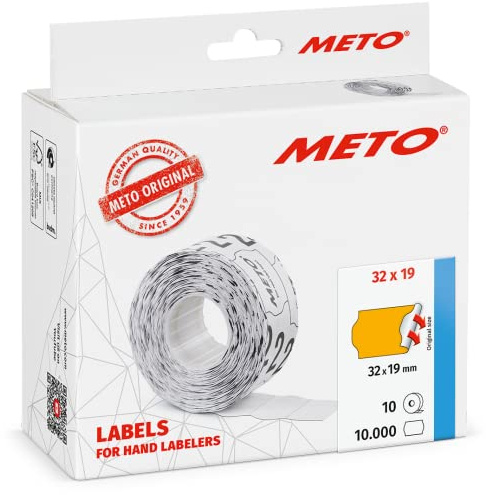 Meto Etiketten für Handauszeichner (32 x 19 mm, 2-zeilig, 10.000 Stück, fluor orange, permanent haftend, für METO, Contact, Sato, Avery, Tovel, Samark etc.)