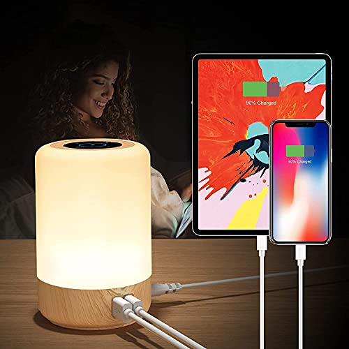 Taipow Nachttischlampe mit 4 USB Ladeanschluss, LED Tischlampe Touch Dimmbar Schlafzimmer, 7 Farb und Memory Funktion, Weiches Helles Licht für Schlafzimmer, Büro, Kinder (Eurostecker)