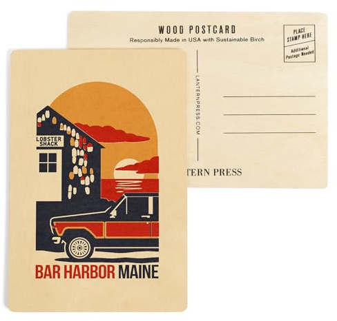 Bar Harbor, Maine, Woodblock, (4x6 Birch Wood Postcards, 2-Pack Stationary, Rustic Home Wall Decor)