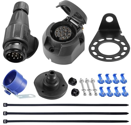 SPARKMOTO Prise Remorque Étanche 13 Broches, Fiche Remorque 13 Broches, Kit Support de Montage, Joint Arrière, ISO11446 (SK1301D)