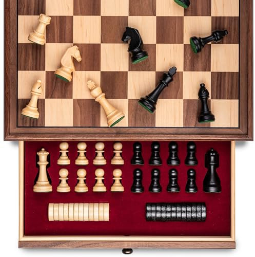 A&A 15 inch Walnut Wooden Chess Sets with Storage Drawer, Triple Weighted Chess Pieces,3.0 inch King Height,Walnut Box,Walnut & Maple Inlay, 2 Extra Queen,Classic 2 in 1 Chess and Checkers Board Games