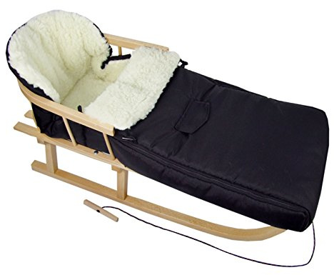 Kombierbjudande träsläde med ryggstöd och dragrep + universell vinteråksäck (108 cm), även lämplig för babystol, barnvagn, buggy, lammull, uni (svart + släde)