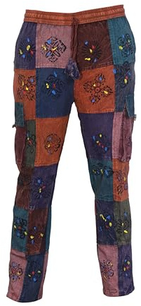 Ezhippie Pantaloni Unisex Patchwork Hippie 100% Cotone Stile Bohémien Pantaloni Cargo con Elastico in Vita, M