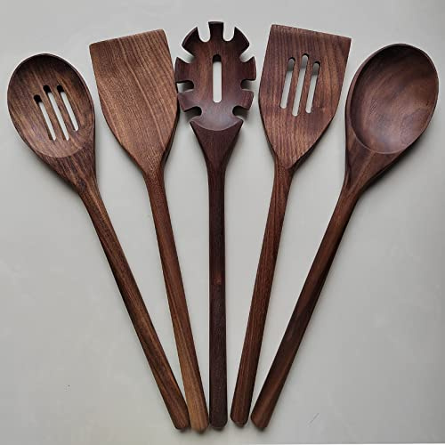 BOTOWI Ensemble D'ustensiles De Cuisine en Noyer Noir, Ensemble De Cuisine De Cuisine, Spatule en Bois, Cuillère en Bois, Ensemble De Cuisson pour Remuer, Mélanger Et Servir,5pcs