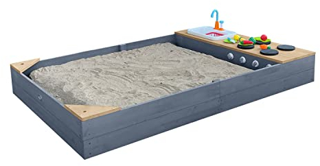 AXI Kelly Sandkasten aus Holz mit Sitzecken & Spielküche inklusive Spüle | Sandkasten für Kinder, grau & Braun | 180 x 115 cm