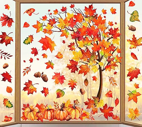 Whaline 6 Sheets Fall Maple Leaves Window Clings Thanksgiving Watercolor Maple Tree Orange-Brown Leaves Pumpkins Decals Double-Sided Glass Window Stickers for Autumn Harvest Home School Party Supplies