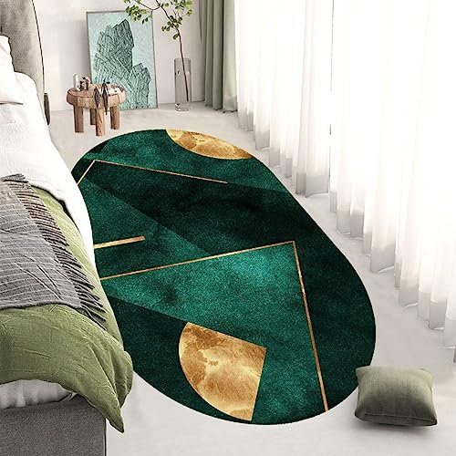 SRTJURFG rutschfeste Ovale Teppiche, Wohnzimmer, Schlafzimmer, Kinderzimmer Flauschige Groß Schutzmatten Smaragd Dunkelgrün Gold Geometrisch, 180 x 250 cm