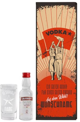 Herz & Heim® Geschenkset mit graviertem Vodkaglas, Fläschchen und personaliserter Geschenkverpackung (Stern - Wunschname)