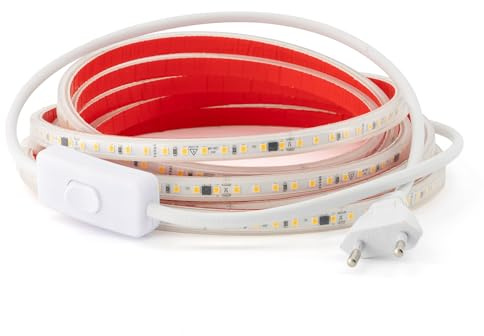 PLAYLUZ Tira Led de 220v 2835 120 Led/m ALTA LUMINOSIDAD, Adhesiva y INTERRUPTOR. IMPERMEABLE Blanco Frío/Neutro/Cálido Waterproof IP67 strip (Blanco Calido, 2M)