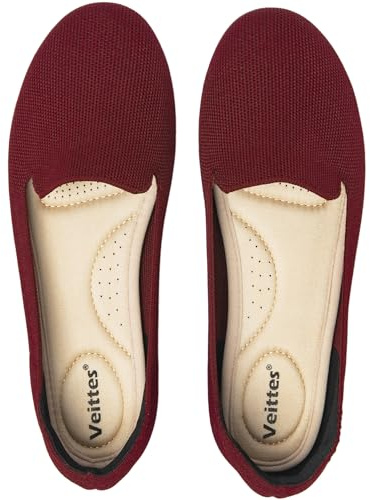 Veittes Women's Wide Width Flats Shoes - Classic Knitted Soft Casual Breathable Slip-on Ballet Shoes.(2205003-3,WR/FK,UK9 Wide)