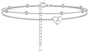 PROSILVER Damen Buchstabe A Fußkettchen 925 Silber Herz Charm mit 22+5cm zweilagige Strand Fußkette Initiale Knöchel Armband für Mädchen Sommer Fuß Schmuck Accessoire