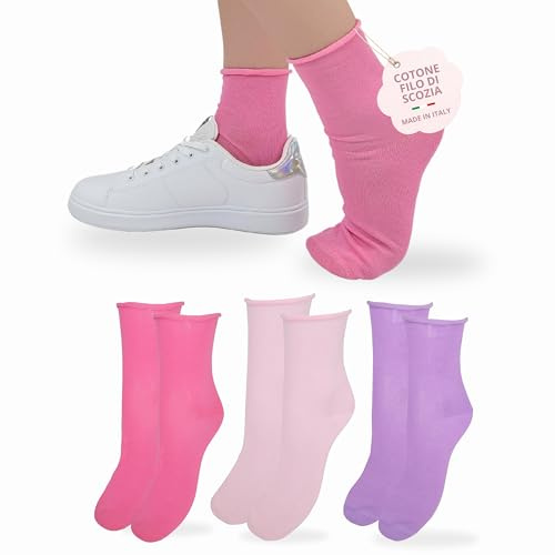 LEON D'ORO Calzini SENZA ELASTICO Donna COTONE LEGGERO Calze Donna FILO DI SCOZIA Made in Italy (IT, Numero, 35, 41, Regular, Regular, 520-3 Paia ASS Pink)