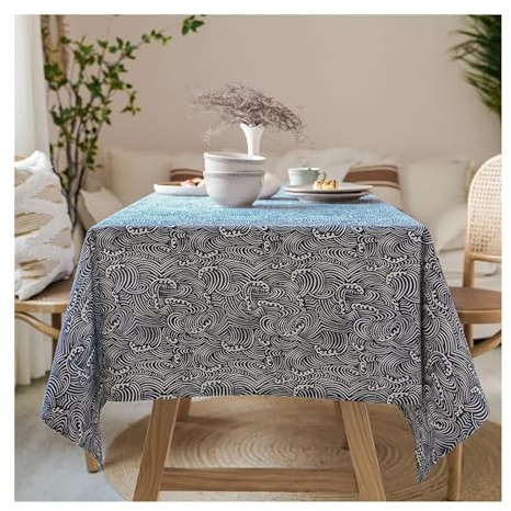 Lieson Rechteckige Tischdecke 135x200 cm, Baumwolle Leinen Tischwäsche Abwaschbar Ozean Welle Muster Tafeldecke für Home Küche Speisetisch Dekoration, Marineblau
