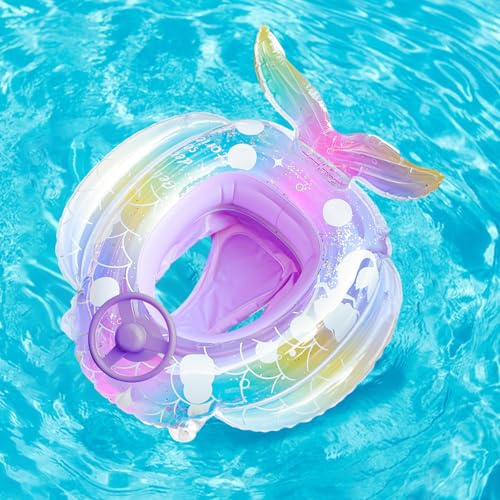 Balakaka Flotador Bebé 70×75 cm, Anillo de Natación Inflable para Bebé de 3+ Años, Flotador de Piscina Juguetes de Desarrollo con Asiento de Seguridad & Volante, Sirena de ensueño