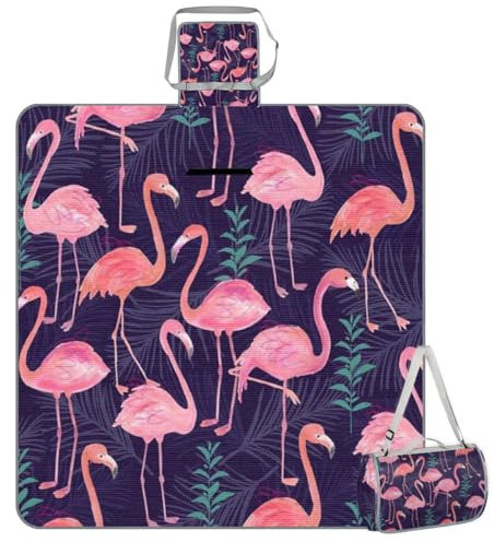 Mularoka Picknickdecke mit Flamingo-Blattmuster, wasserdicht, sanddicht, faltbar, Stranddecke, 150 x 145 cm, extra groß, tragbar, waschbar, Outdoor-Matte für Camping, Park, Gras, Wandern, Reisen