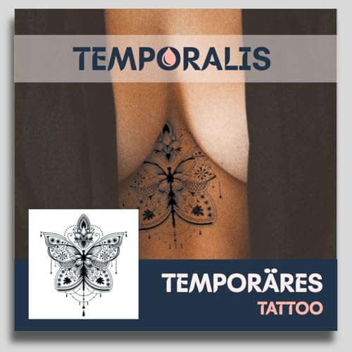 Fake Tattoo Schmetterling – Temporalis® | Temporäre Tattoos für Erwachsene – EU-zertifizierte Kosmetik, vegan & wasserfest – Hält 1 bis 2 Wochen [ Mandala-Schmetterling ]
