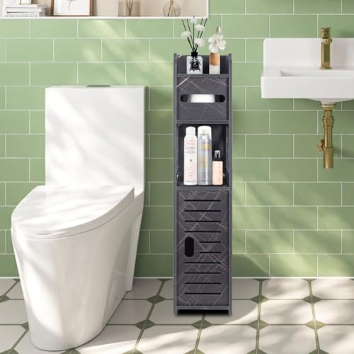 Pinkgarden Badezimmerschrank mit Türen und Einlegeböden, schmaler Eckunterschrank für kleine Räume, Badezimmer-Aufbewahrungssystem Toilettenpapier-Eckboden(schwarz) 16.7 x 16.7 x 81 cm