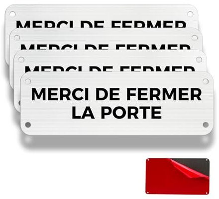 FloraVigo Veuillez fermer la porte et rester silencieux, 4 panneaux de rappel, 15×5 cm, intérieur/extérieur, panneau en aluminium, panneau d'avertissement, avec autocollant (Merci de Fermer la Porte)