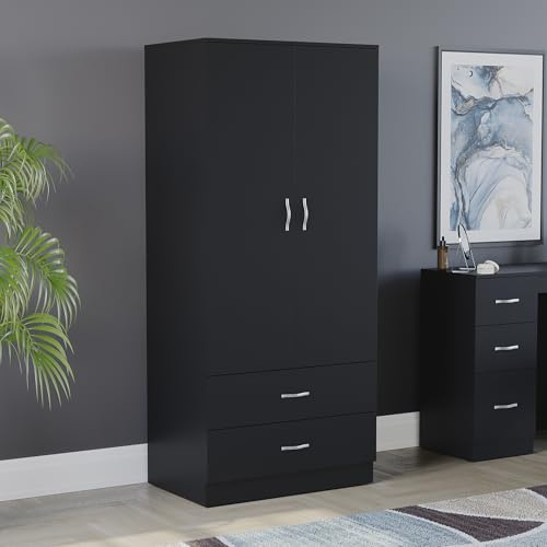 Vida Designs Riano 2 Door & 2 Drawer Wardrobe | Black | Bedroom Furniture | 170H x 76W x 53D cm | with Shelf & Hanging Rail | Large Capacity Storage