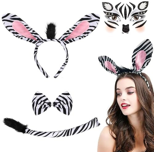 Set di Costumi Animali - Cerchietto Zebrato Papillon Coda Kit Costume da Zebra Set di Vestire,Set di 4 pezzi con Fascia, Cravatta, Coda e Adesivo per il Vio,Feste di Compleanno, Halloween, Feste