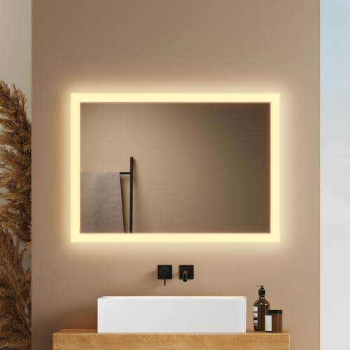 EMKE Badspiegel mit Beleuchtung 70x50cm, 3000K Warmweiß | LED-Lichtspiegel für Wandschalter, Vertikal/Horizontal Montage, IP44 Schutz, explosionssicherer Badezimmerspiegel
