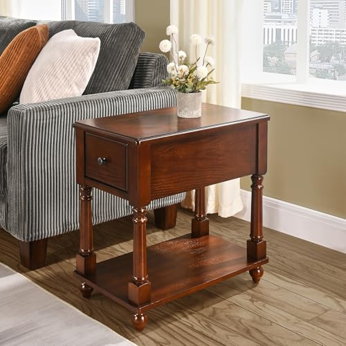 MODERION Tavolino sottile in legno massello con 2 cassetti, tavolino sottile con piano di appoggio, comodino vintage slim (marrone scuro)