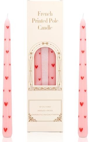 Stabkerzen Bedruckt, 25cm Tafelkerzen konische Kerzen, Tropffrei Brenndauer 7 Stunden Kerzen Geeignet für Kerzenständer Tischdekoration Valentinstag Dekoration 2 Stück (Rosa Rote Herzen)