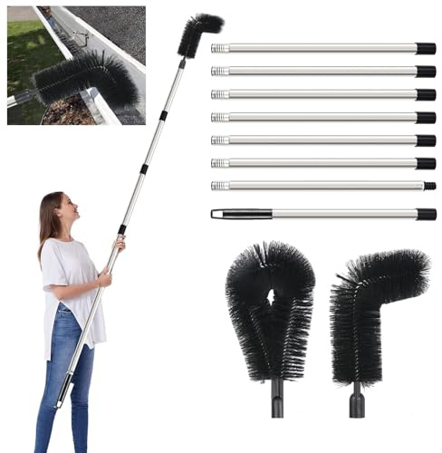 Gemsaya Telescopic Gutter Cleaning Tools, 320cm Gutter Cleaner with 8-Section Poles & 2 Cleaning Brushes, Roof Cleaner Equipment Tool for Roof Leaves Debris Window Spider Web