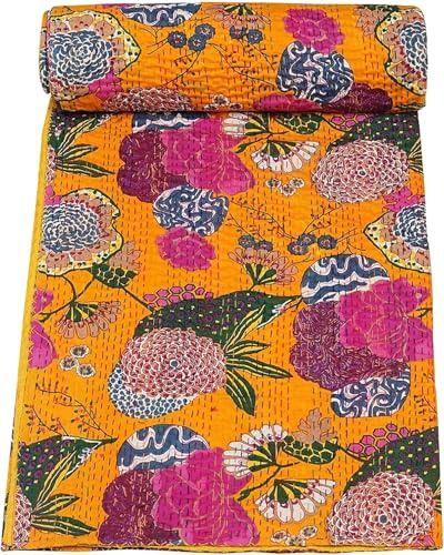 Aizza Trends Edredón Kantha de algodón puro hecho a mano, manta de cama, colcha de aspecto tradicional, Kantha Gudri, cobija de playa decorativa vintage con puntada a mano