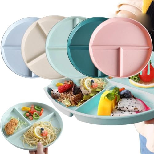 Piatti Piani Divisi,5pcs Piatti Compartimentati,Piatti da Pranzo,Piatto Piano in Plastica,Piatto Dieta,Piatti per Cena Riutilizzabili,Piatti Infrangibili Controllo Porzioni,Piatti Menu Riutilizzabili