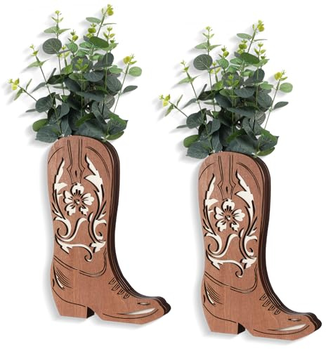 Havawish 2 Pcs Western Wall Decor Wood Cowboy Boots Wall Planter for Indoor Plants 12 x 8'' Western Boot Flower Hanging Vase for Flower Faux Rustic Home Decor for Bathroom Bedroom(Vivid Style)
