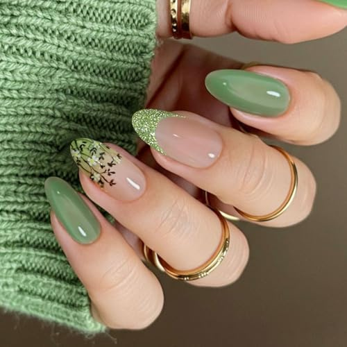 JMEOWIO Gel Nail Stickers Green French Tip Flower Semi Cured Gel Nail Strips Wraps UV/LED Nails Art Design Decoration Accessories