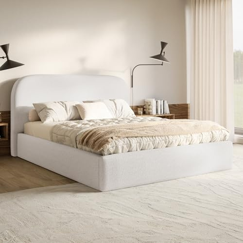 MOTIVENA Mono Bett 180x200 Weiß Boucle, mit Stauraum, mit Kopfteil, mit Lattenrost, ohne Füße, ohne Matratze, Polsterbett 180x200 mit Bettkasten Weiß (Milch)