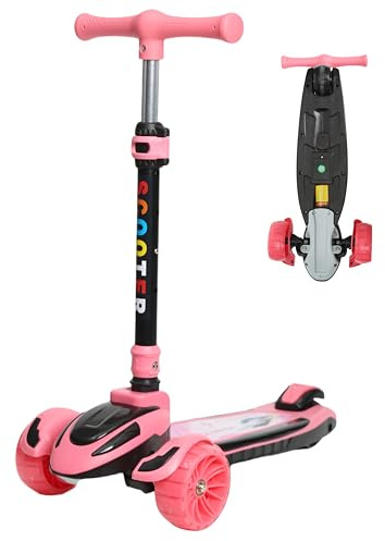 Habib Kinderroller 3 Rad – LED Leuchträder, klappbar, 4-Fach Höhenverstellbar, Tretroller für Jungen & Mädchen 3-8 Jahre (4 Farben)