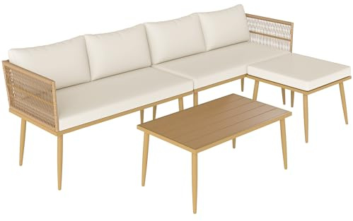 Outsunny Conjunto de Jardín Exterior de Ratán Sintético de 4 Piezas, Sofá Esquinero, Muebles de Jardín Exterior, Incluye 2 Sofás de 2 Plazas, 1 Mesa de Centro y 1 Reposapiés con Cojines, Natural