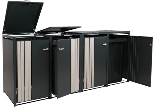 4er-Mülltonnenverkleidung HWC-O67AM, Mülltonnenbox mit Deckel, Metall 122x264x84cm 104kg - anthrazit Holzoptik hell