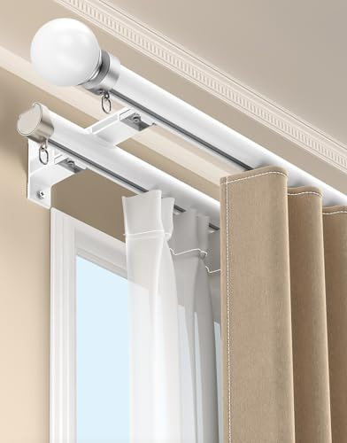 Barra Cortina Doble Blanca, Rieles para Cortinas de Aluminio con Polea Silencioso, Riel Cortina Doble Montaje en Pared para Dormitorio Sala de Estar Divisor de Habitación Hospital(1.1m(3.6ft))