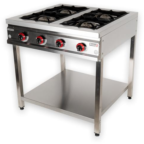 Romux® Cocina Industrial a Gas 4 Fuegos de 80x50 cm con Mueble de Acero Inox con Regulador de Fuego y Termopar | Hornillo de Gas Butano para Bares y Restaurantes