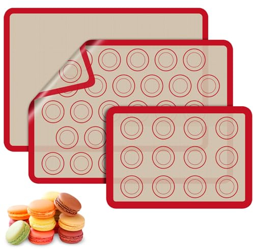 Macaron Silicone Baking Mats, 3 PCS Non Stick Macaroon Mat Silicone for Macarons, Cookie, Pastry, Red