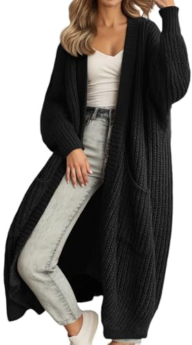 Generisch Strickjacke Damen, Strickjacke Damen Lang Grobstrickjacke Cardigan Oversize Winter Strickjacken Strickmantel Elegant Longstrickjacke mit Taschen Open Front Sweater Langarm Pullover, Schwarz