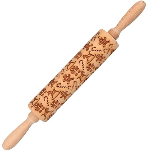 Mattarello natalizio in legno da 14 pollici con omino di pan di in rilievo con bastoncino di zucchero, scatola e cavallo a dondolo per cuocere biscotti, torte, rilievo