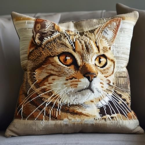 AMBATTERY Diy Knüpfen Set Erwachsene, Tier Katze 43x43cm Knüpfkissen Set Zum Sticken Und Stricken DIY Kissen Knüpfset Mit Anleitung